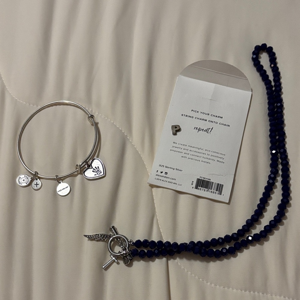 Alex and Ani Silver Charm Bracelet and Necklace with Heart and Symbols P Initial